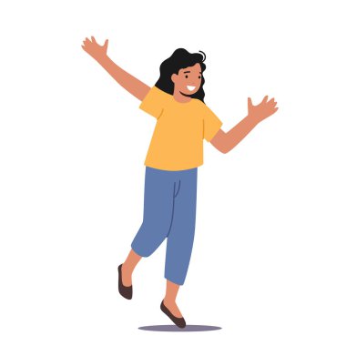 Mutluluk, çocukluk ve özgürlük kavramı. Mutlu El sallayan Çocuk. Liseli Kız Yaz Tatili ya da Tatil İçin Neşelen. Genç Neşeli Kız Beyaz Arkaplanda tecrit edildi. Çizgi film Vektör İllüstrasyonu,