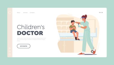 Pediatrik Klinik İniş Şablonu. Hastanedeki Doktor Randevusu 'ndaki çocuk. Ent Muayene Eden Çocuğun Kulakları. Otolaryngologist Karakter Kontrol Çocuğu, İşitme Testi. Çizgi film İnsanları Vektör İllüstrasyonu