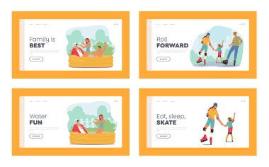 Aile Faaliyetleri İniş Sayfa Şablonu Ayarlandı. Mutlu anne, baba ve çocuklar parkta yürüyor, genç ebeveynler ve çocuklar paten kayıyor ve havuzda yüzüyor. Çizgi film İnsanları Vektör İllüstrasyonu
