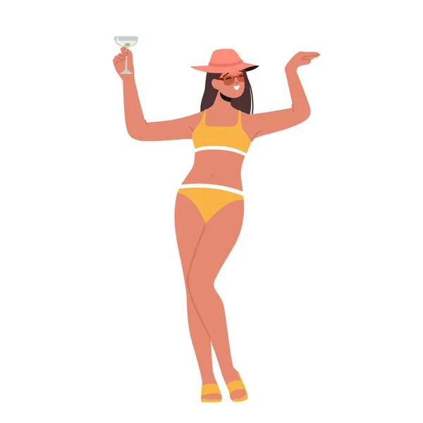 Woman Bikini Sunglasses Hat Holding Glass Cocktail Isolated White Background — Image vectorielle