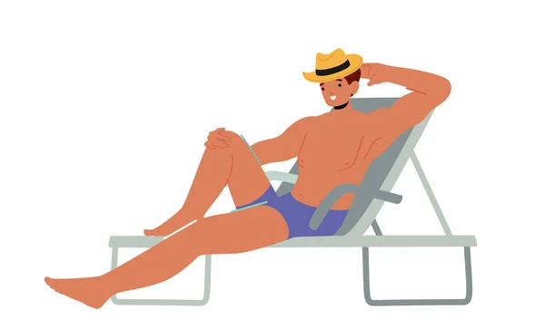 Young Man Lounging Chaise Lounge Sea Beach Poolside Summer Time — Stock Vector