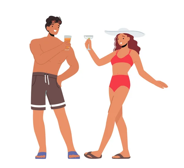 Yaz Tatili Nde Çift Alkol Turist Karakterleri Plaj Partisinde Kokteyl — Stok Vektör