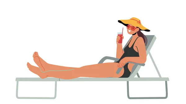 Woman Bikini Sitting Deck Chair Poolside Beach Drinking Cocktail Female — Vector de stock