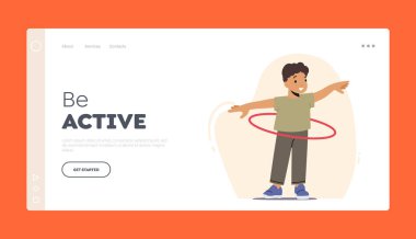 Bebek Yatağı İniş Şablonu. Komik Çocuk Hula Hoop 'la oynuyor, Mutlu Boş Zamanlar. Bebek Karakteri Bel Çevirisi ve Döndürme Halkası. Çizgi film İnsanları Vektör İllüstrasyonu