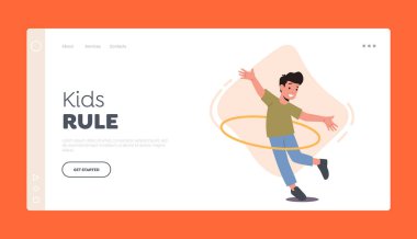 Mutlu Çocuk Hula Hoop İniş Şablonu ile oynuyor. Çocukluk dönemindeki komik çocuk karakteri boş zaman, dinlenme, yuvarlanma ve bel çevresinde dönme halkası. Çizgi film İnsanları Vektör İllüstrasyonu