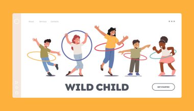 Hula Hoop İniş Şablonu olan çocuklar. Küçük Erkek ya da Kadın Karakterler Belde Yuvarlanan Yüzük. Eğlence, açık hava ya da kapalı mekan etkinliği, Aktif Çocuklar Vakti. Çizgi film İnsanları Vektör İllüstrasyonu