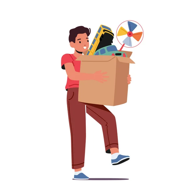 Little Boy Carry Big Carton Box Met Speelgoed Kind Karakter — Stockvector