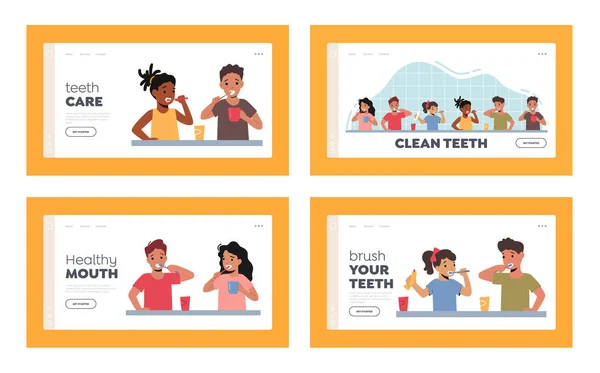 Çocuklar Diş Fırçalama Sayfa Şablonu Seti Günlük Karakterler Hijyen Prosedürleri — Stok Vektör