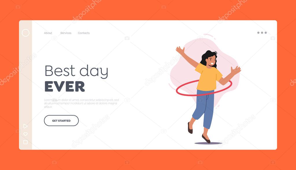 Funny Girl Rolling Hula Hoop Landing Page Template.Young Female Character Playing, Spin and Twist Ring around the Waist, Happy Child Spare Time Recreation. Cartoon People Vector Illustration