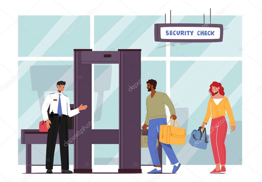 Airport Security Conveyor Belt Scanner, Terminal Checkpoint Metal Detector with Traveler Characters and Baggage. Passengers Check Luggage on X-ray in Airport. Cartoon People Vector Illustration