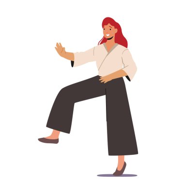 Kimonolu Karate Kadın Dövüşçüsü. Yükseltilmiş Bacak ve Kolla Karateka Kadın Karakter Duruşu. Japon Geleneksel Dövüş Sanatları. Nefsi müdafaa sunumu. Çizgi film İnsanları Vektör İllüstrasyonu