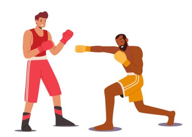 İki Atletik Adam Spor Yüzüğü 'nde Eldiven Boksu Giyiyor. Bir çift Erkek Karakterler Sporcu Boksörleri Yumruklama ve Dövüşme Yarışmasına Darbe Vurma ve Savunma. Çizgi film Vektör İllüstrasyonu