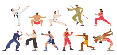 Set Dövüş Sanatları, Spor Yarışması, Üniformalı Erkek ve Kadın Karakterleri Farklı Dövüş Sunar. Karate, Sumo, Bojutsu, Boks veya Güreş Savaşları. Çizgi film İnsanları Vektör İllüstrasyonu