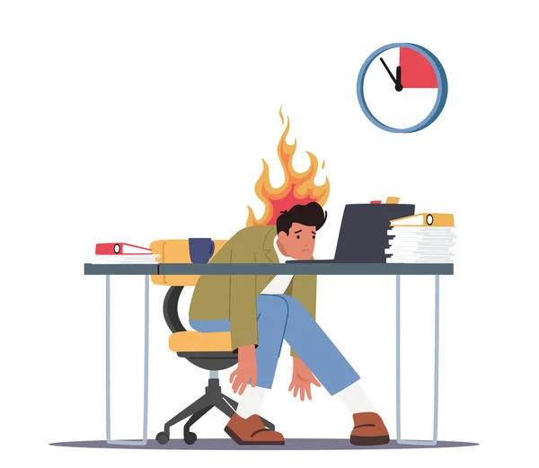 オーバーロードされた労働者の締め切りストレスコンセプト うつ病でビジネスマンを焼失紙文書のヒープと頭の上に燃える火とノートパソコンとオフィスデスクに座って 漫画ベクターイラスト — ストックベクタ
