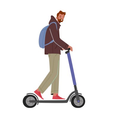 Motosikletli İtici Scooter beyaz arka planda izole edildi. Açık havada Aktif Yaşam ve Sağlıklı Yaşam Faaliyeti, Ekoloji Tekerlekli Taşımacılık, Erkek Karakter Sürücüsü. Çizgi film Vektör İllüstrasyonu