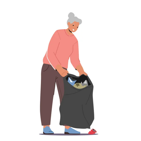 Senior Woman Collecting Garbage Litter Sack Environment Pollution Ecology Protection — Archivo Imágenes Vectoriales