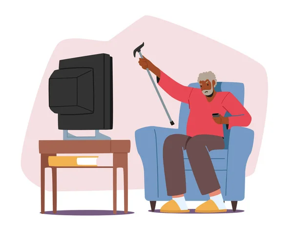 Rozrušený Starší Muž Který Dívá Televizi Mávající Holí Rozzlobený Nespokojený — Stockový vektor