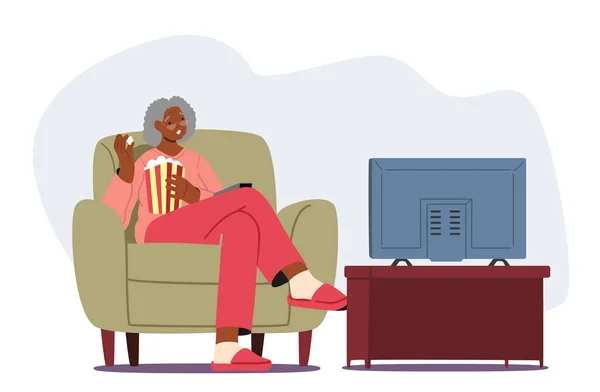 Elderly Lady Home Sparetime Black Senior Woman Watch Popcorn Aged — Stock Vector