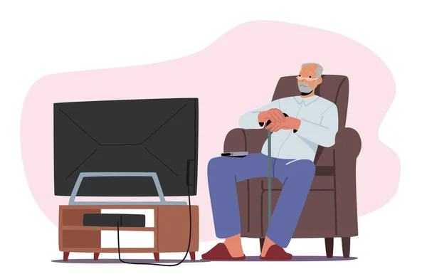 Old Man Watch Senior Male Character Sitting Comfortable Armchair Having — 스톡 벡터