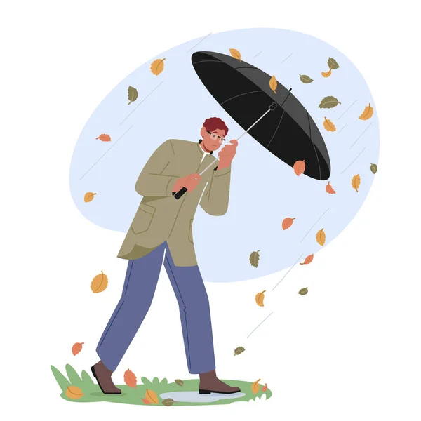 Mann Mit Regenschirm Schützt Sich Vor Regen Wind Und Fallenden — Stockvektor