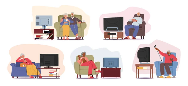 Set Senior People Watching Ηλικιωμένοι Άνδρες Και Γυναίκες Χαρακτήρες Καθισμένος — Διανυσματικό Αρχείο