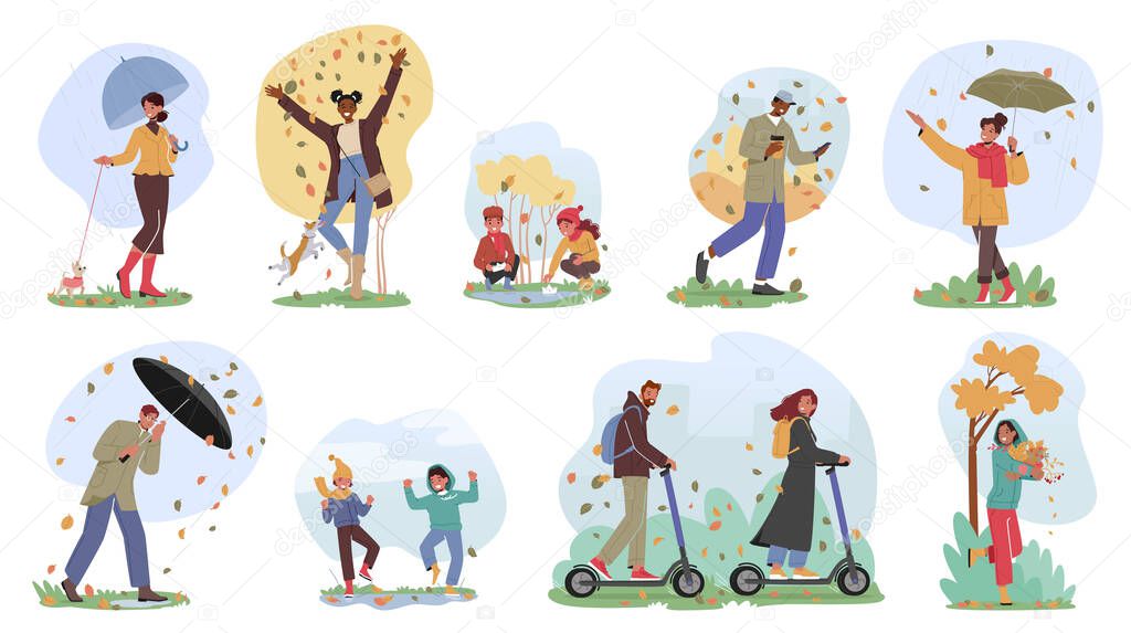 Set of Characters Walk at Autumn Day. Man and Woman Driving Electric Scooters in Park, People Walking, Play with Leaves, Kids Jump on Puddles, Happy Outdoors Activities. Cartoon Vector Illustration