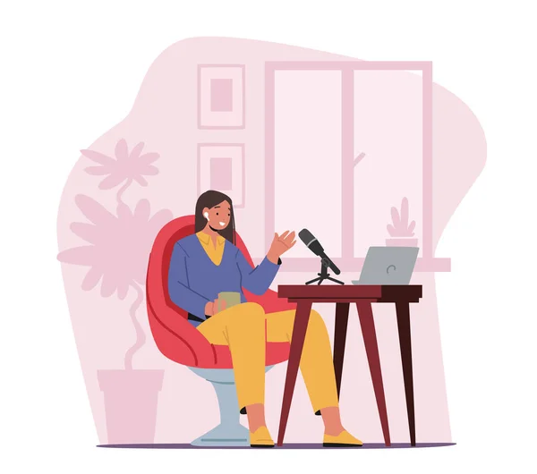 Online Broadcast Concept Female Character Record Podcast Home Woman Sitting — Vector de stock