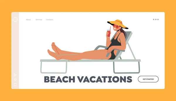 Шаблон Beach Vacation Landing Page Женщина Бикини Сидит Шезлонге Пьет — стоковый вектор