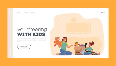 Çocuk İniş Şablonu 'nda gönüllü olarak çalışıyor. Carton Bağış Kutusundan Kadın ve Küçük Kız Oyuncakları Al. Yetimlere Sosyal Yardım, Gönüllü Karakter Bakımı Çocukları. Çizgi film İnsanları Vektör İllüstrasyonu