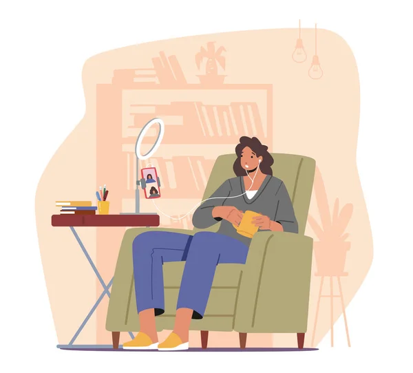 Concept of Online Radio Show, Music Recreation, Home Relax. Woman Sitting With Phone Listening Podcast in Mobile App. Female Character Enjoying Audio Podcast. Cartoon People Vector Illustration