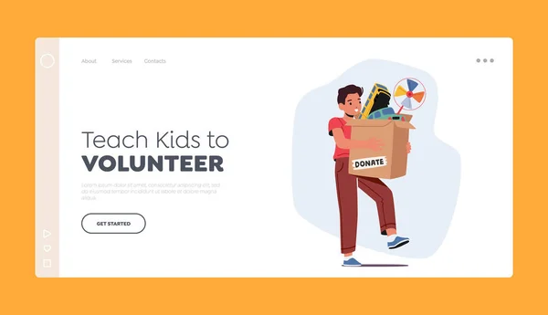 Teach Kids Volunteer Landing Page Template Little Boy Waisenfigur Mit — Stockvektor