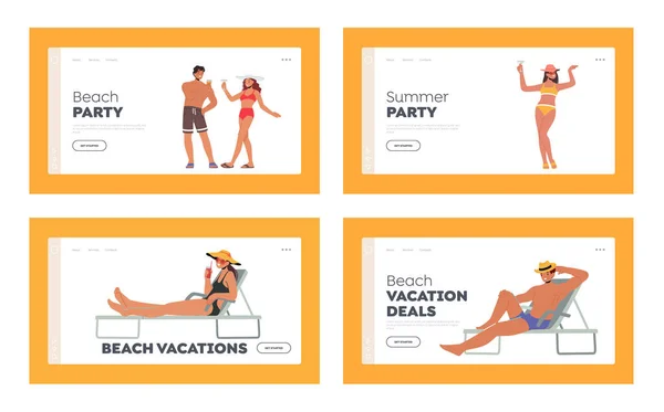 Beach Party Landing Page Template Set Tourist Characters Summer Time — Image vectorielle