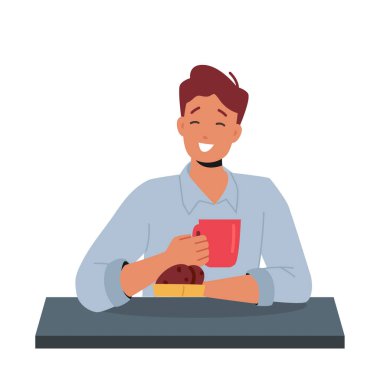 Male Character Enjoying Chocolate Cookies and Coffee in Cafe. Greedy Sweets Tooth Eater Taste Dessert At Cafeteria With Great Appetite Isolated On White Background. Cartoon People Vector Illustration