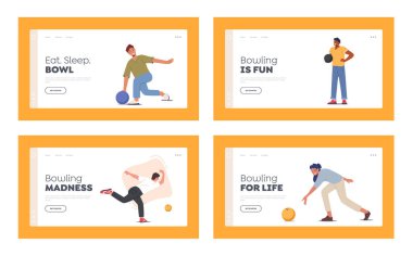 Karakterler Bowling İniş Şablonu Ayarları 'nı oynuyorlar. Genç Erkekler ve Kadınlar, Lane 'e top atıyor, İnsanlar Boş, Aktif Yaşam Tarzı, Arkadaşlar Bowling Kulübü' nde Birlikte Zaman Geçiriyor. Çizgi film Vektör İllüstrasyonu