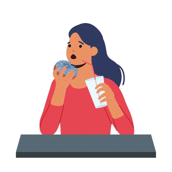 Γλυκιά Κυρία Των Δοντιών Τρώει Ντόνατ Και Πίνει Ποτό Απομονωμένο — Διανυσματικό Αρχείο