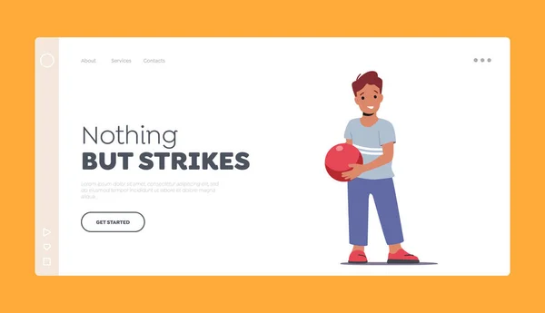 Kid Play Bowling Game Landing Page Template Happy Little Boy — 스톡 벡터