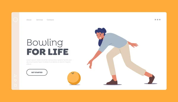Leisure Active Lifestyle Landing Page Template Female Character Playing Bowling — Image vectorielle