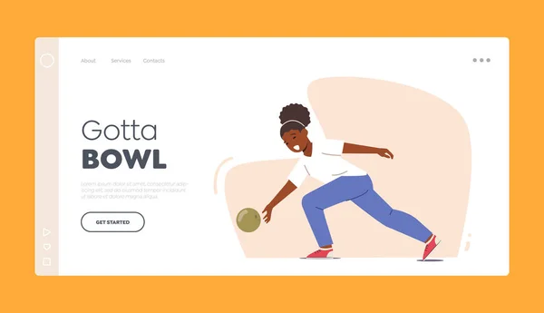 Landing Page Template Kid Character Playing Bowling Little African Girl — Wektor stockowy