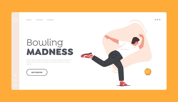 Bowling Club Landing Page Template Man Player Throw Ball Lane — Stockvektor