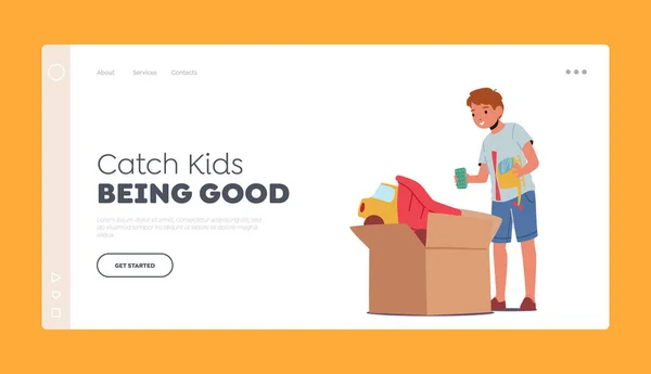 Kids Fun Landing Page Template Kleiner Junge Nimmt Spielzeug Aus — Stockvektor