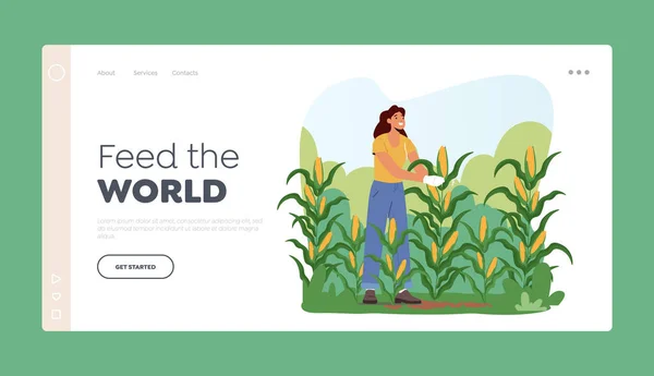 Produkcja Rolna Landing Page Szablon Kobieta Farmer Zbiera Kukurydzę Polu — Wektor stockowy