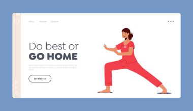 Healthy Body Training Landing Page Template. Female Character Practice Martial Arts. Woman Fighter In Red Uniform Fight, Asian Traditional Battle, Girl Self-defense. Cartoon People Vector Illustration