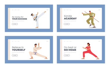 Dövüş Sanatları İniş Sayfa Şablonu Ayarları. Üniformalı Erkek ve Kadın Karakterler Farklı Dövüşleri Sunar. Karate, Bojutsu, Dövüş, Spor Yarışması. Çizgi film İnsanları Vektör İllüstrasyonu