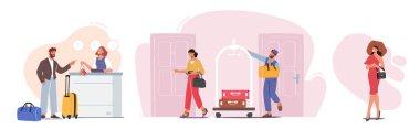 Misafirperverliği ayarlayın, Karakterler otele geliyor. Resepsiyondaki işadamı, resepsiyondaki odadan anahtarları al. Lobi Personeli Toplantı Konukları. Komi kadın bavulu taşıyor. Çizgi film İnsanları Vektör İllüstrasyonu