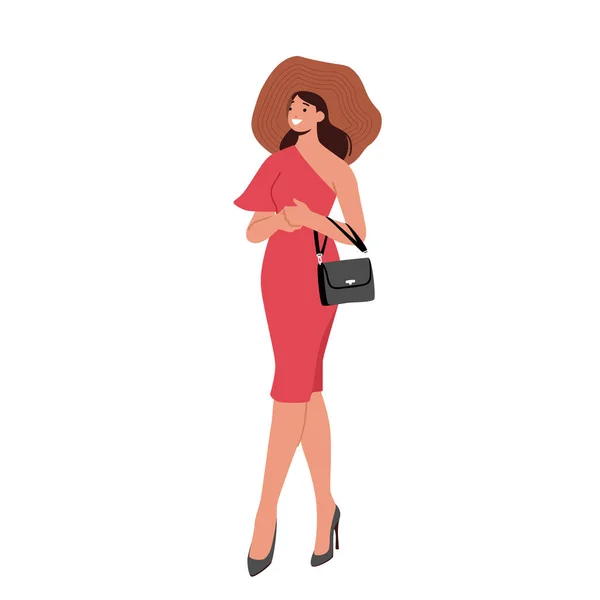 Femme Chapeau Robe Rouge Avec Sac Main Isolé Sur Fond — Image vectorielle