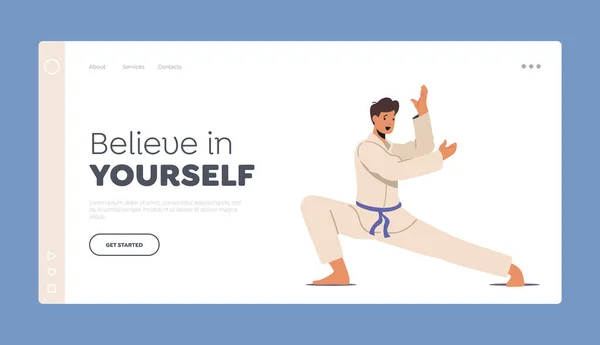 Martial Arts Landing Page Template. Young Man Karateka Wearing Kimono Uniform and Blue Belt Presenting Karate Fight. Sportsman Character Fighting and Practicing Combat. Cartoon Vector Illustration