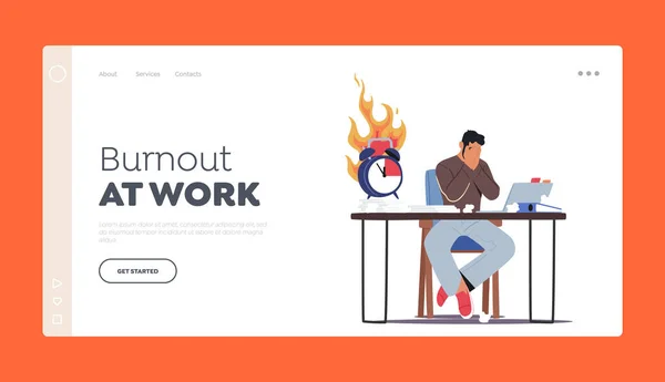 Burnout Work Landing Page Template Overloaded Male Office Employee Character — Image vectorielle