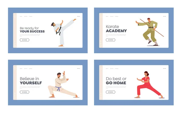 Martial Arts Landing Page Template Set. Male and Female Characters in Uniform Presenting Different Fighting. Karate, Bojutsu, Combat, Sport Competition. Cartoon People Vector Illustration