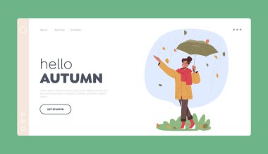 Merhaba Autumn Landing Page Şablonu. Neşeli Genç Kadın Yürüyüşü, Şehir Bekçisi Şemsiye Durağı Yağmur Altında ve Yağan Renkli Yapraklar Yağmurlu Hava Tahmininde. Çizgi film İnsanları Vektör İllüstrasyonu