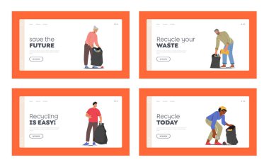 Volunteers Cleaning Garbage Landing Page Template Set. Men or Women Characters Working, Volunteering, Collecting Trash to Sack, Social Charity, Ecology Protection Concept. Cartoon Vector Illustration
